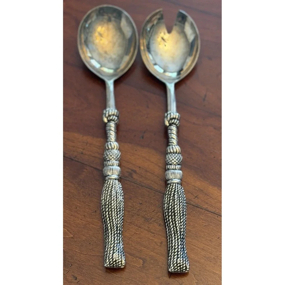 Vintage Silea Silver Plated Salad Serving Set Spoon Fork Rope Tassel 11